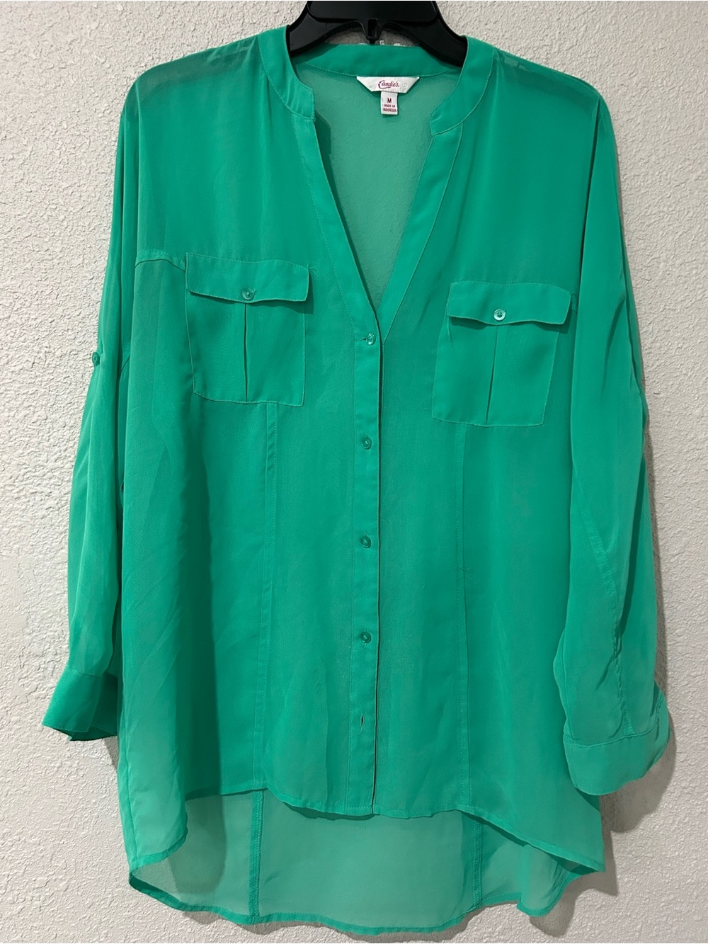 Candies Bright Emerald Green Long Sleeve Button Front Blouse Size M